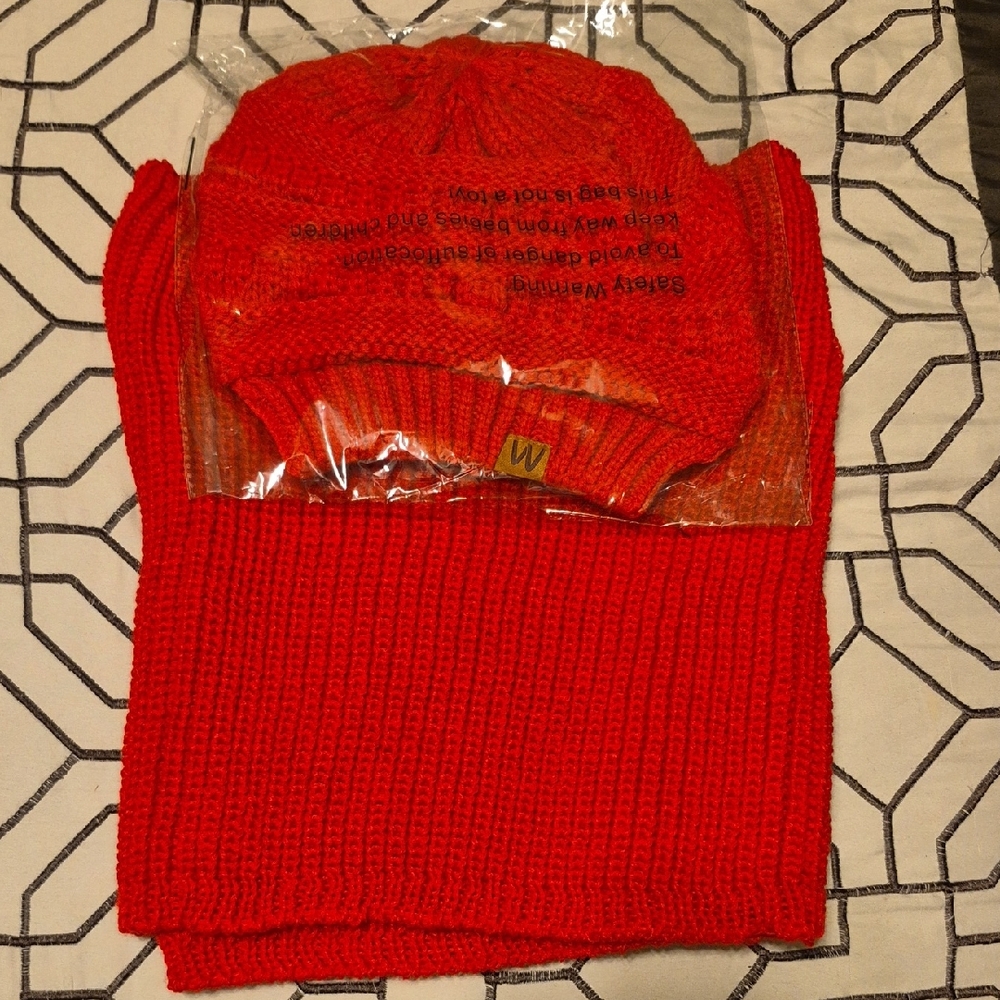 Red Knit Beanie and Turtleneck Scarf Set